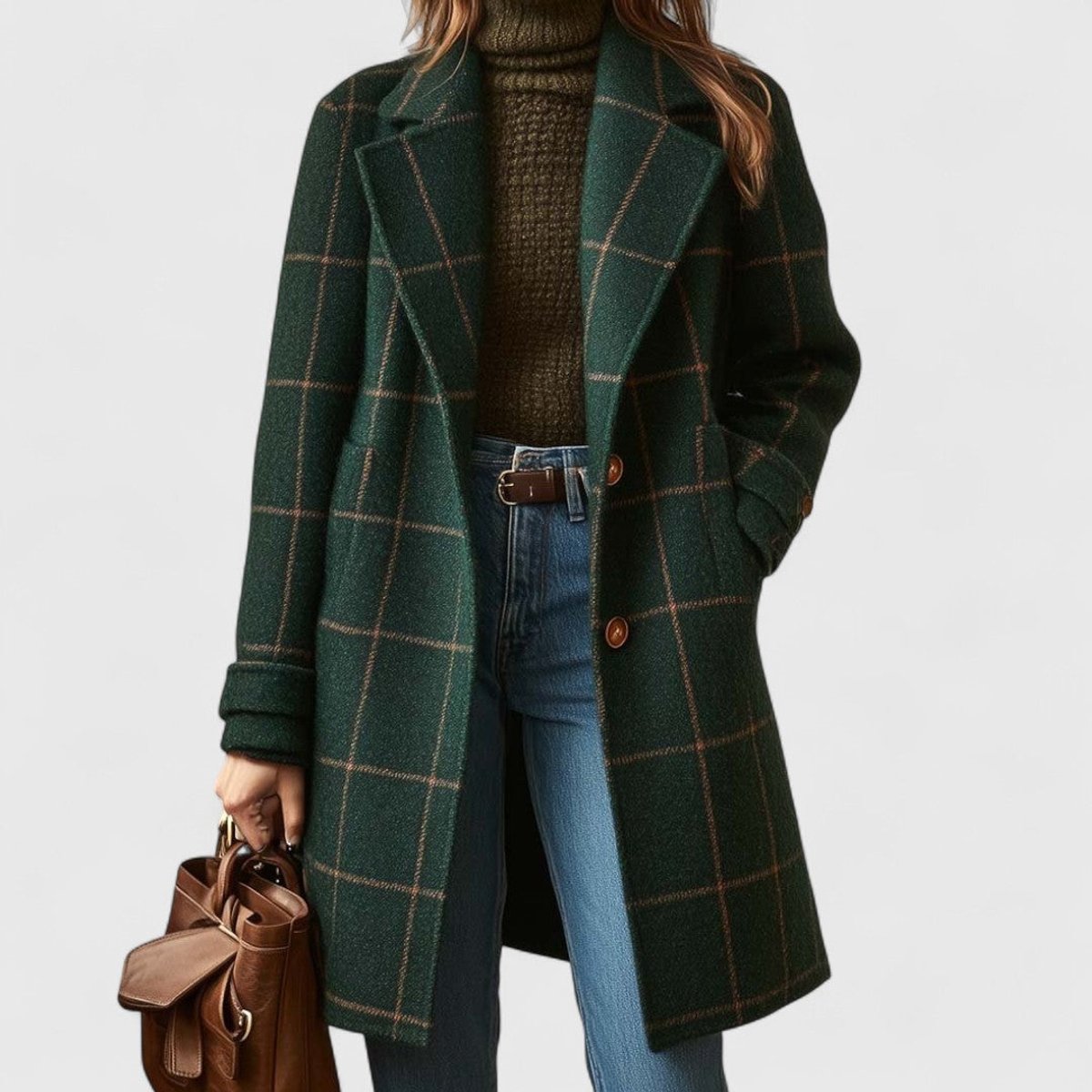 Checked Tailored Coat for Women with Notch Collar and Button Closure