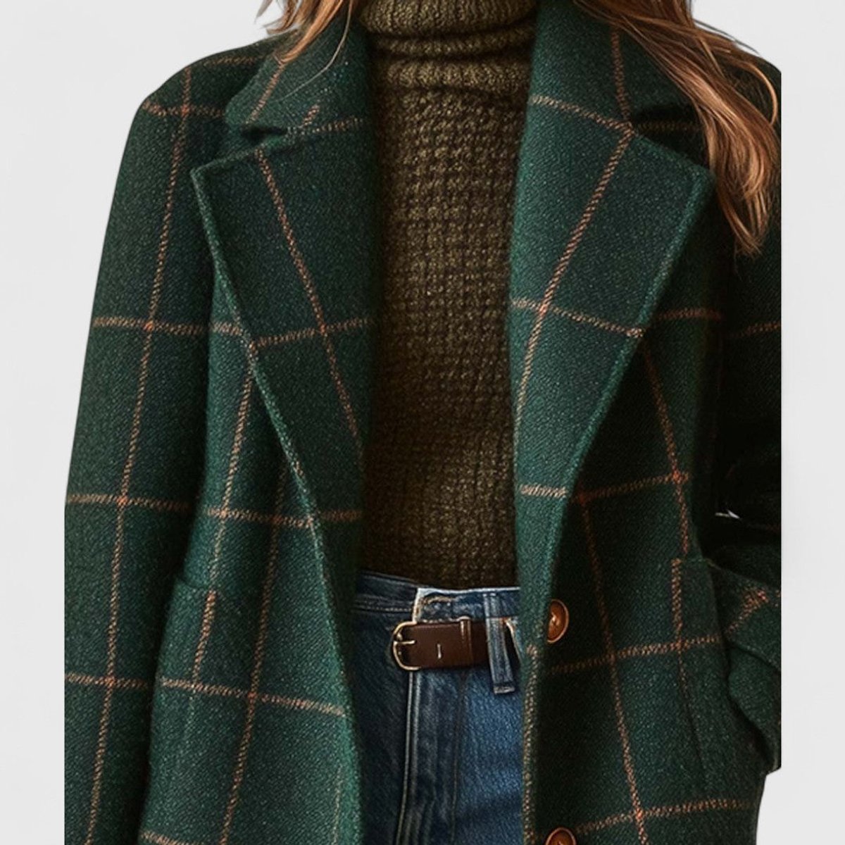 Checked Tailored Coat for Women with Notch Collar and Button Closure