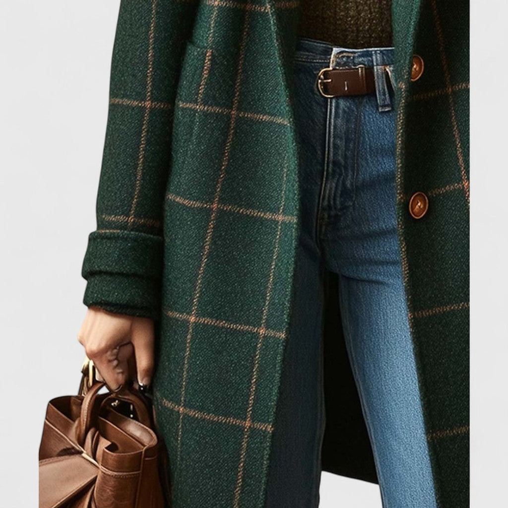 Checked Tailored Coat for Women with Notch Collar and Button Closure