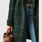 Checked Tailored Coat for Women with Notch Collar and Button Closure