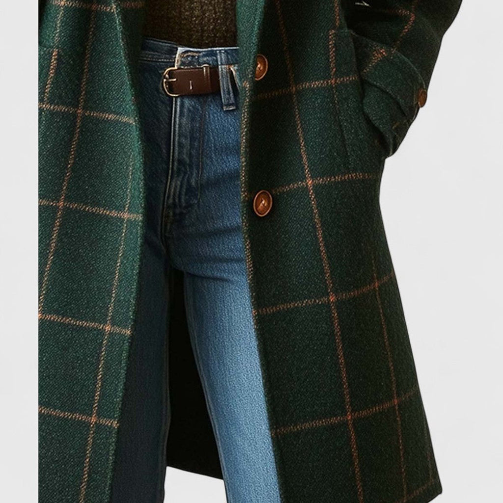 Checked Tailored Coat for Women with Notch Collar and Button Closure