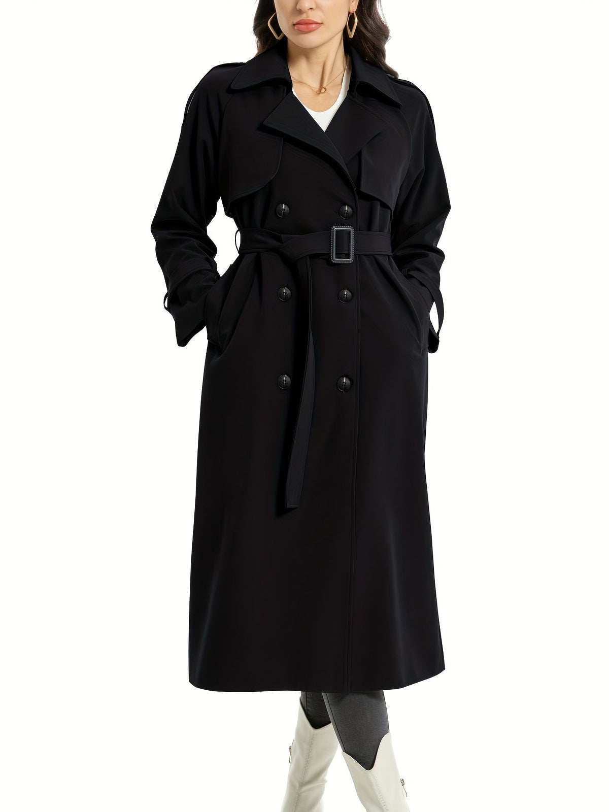 Women's Classic Double Breasted Long Trench Coat with Belt and Pockets