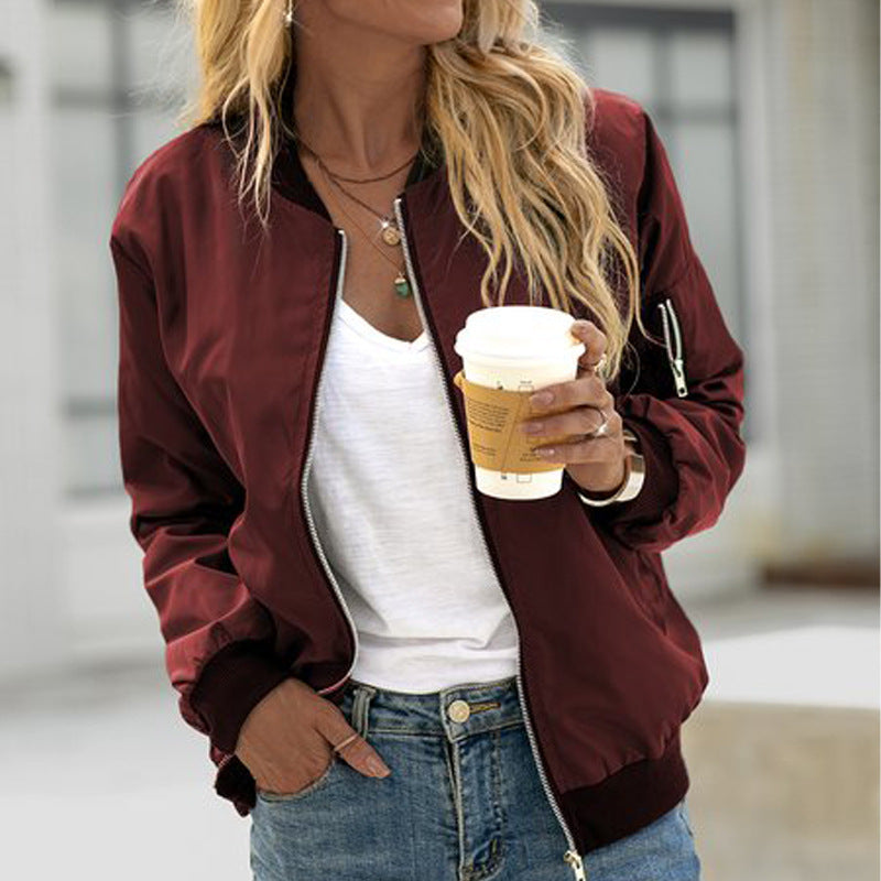 Women's Bomber Jacket with Zip Front and Ribbed Trim