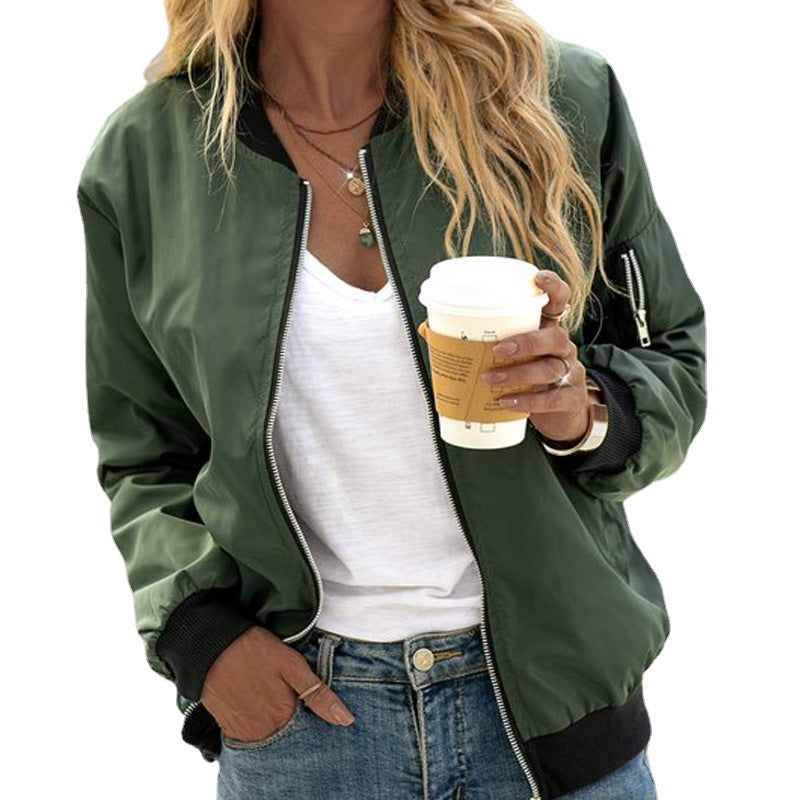 Women's Bomber Jacket with Zip Front and Ribbed Trim