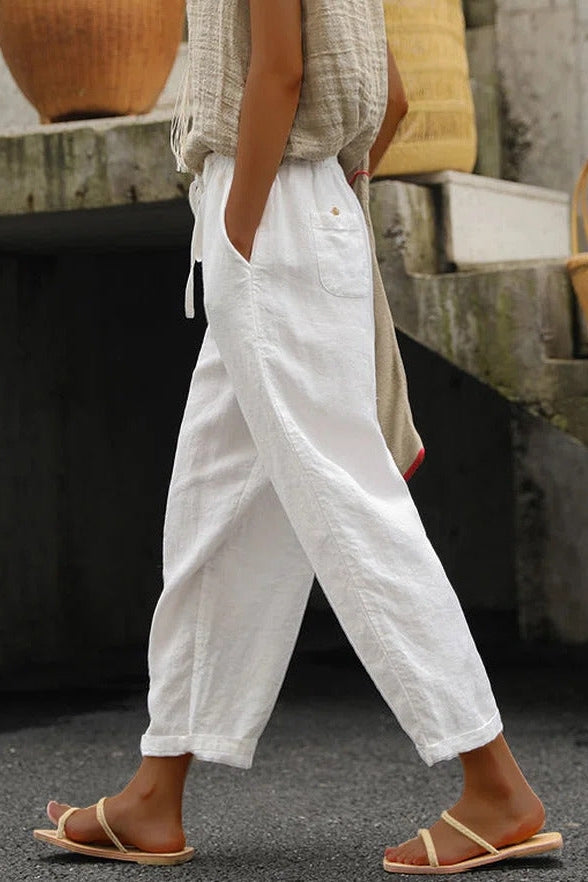 Breathable Cotton-Linen Wide-Leg Pants with Pockets and Sashes