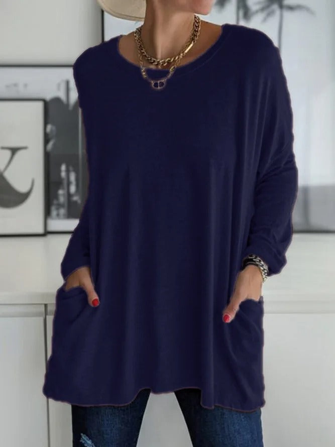 Women's Long Sleeve Shirt with Crew Neck and Side Pockets