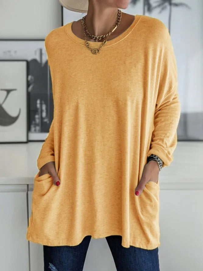 Women's Long Sleeve Shirt with Crew Neck and Side Pockets