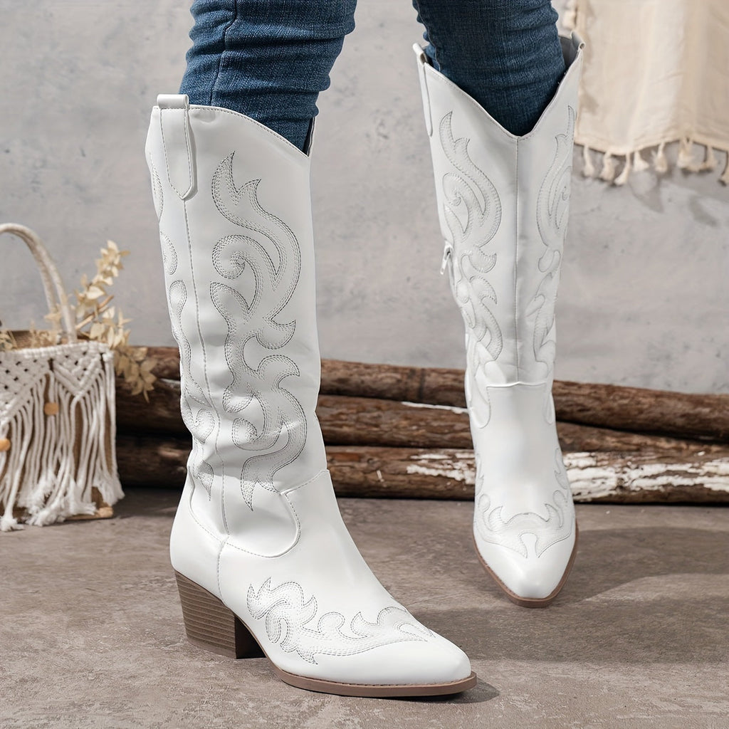 Knee-High Women's Cowboy Boots with Block Heel and Embroidered Detail