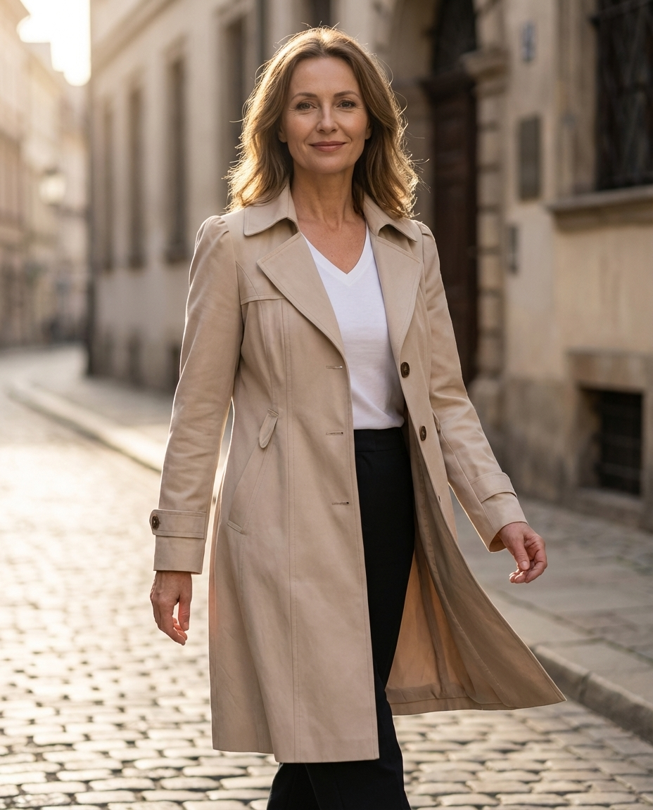 Knee-Length Double-Breasted Women's Trench Coat with Belt