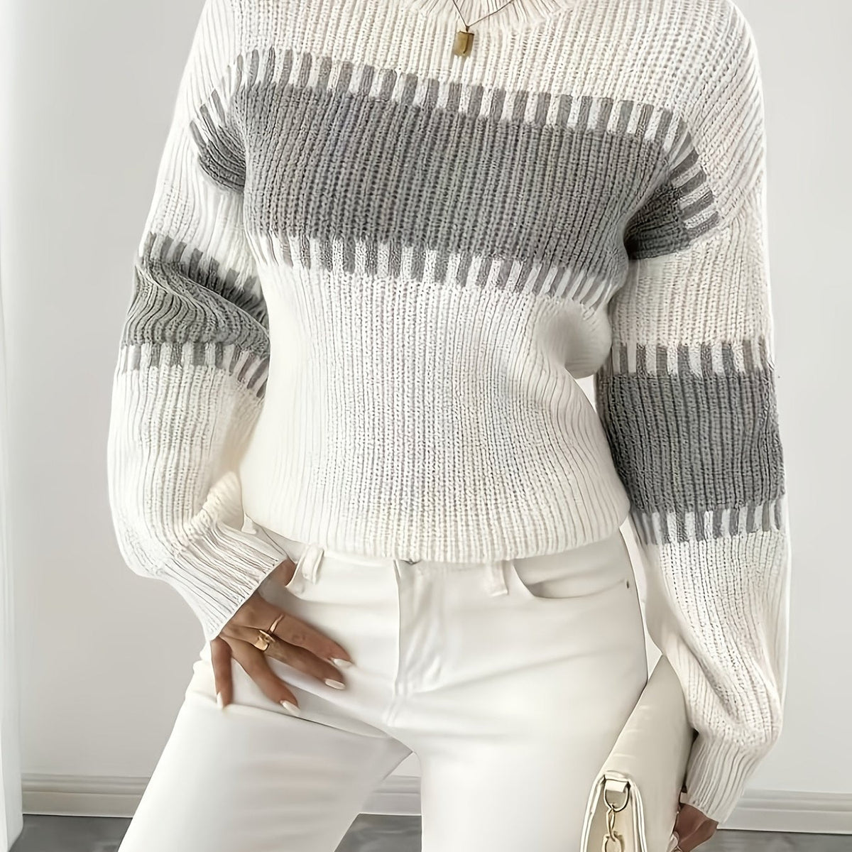 Colour-Block Striped Sweater with Relaxed Fit and Drop-Shoulder Design