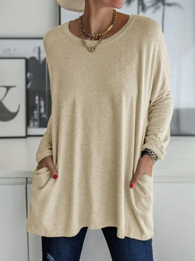 Women's Long Sleeve Shirt with Crew Neck and Side Pockets