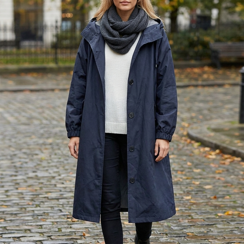 Lightweight Waterproof Hooded Raincoat with Button Front and Long Length
