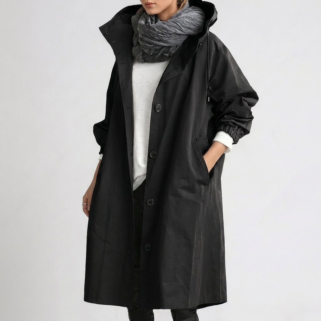 Lightweight Waterproof Hooded Raincoat with Button Front and Long Length