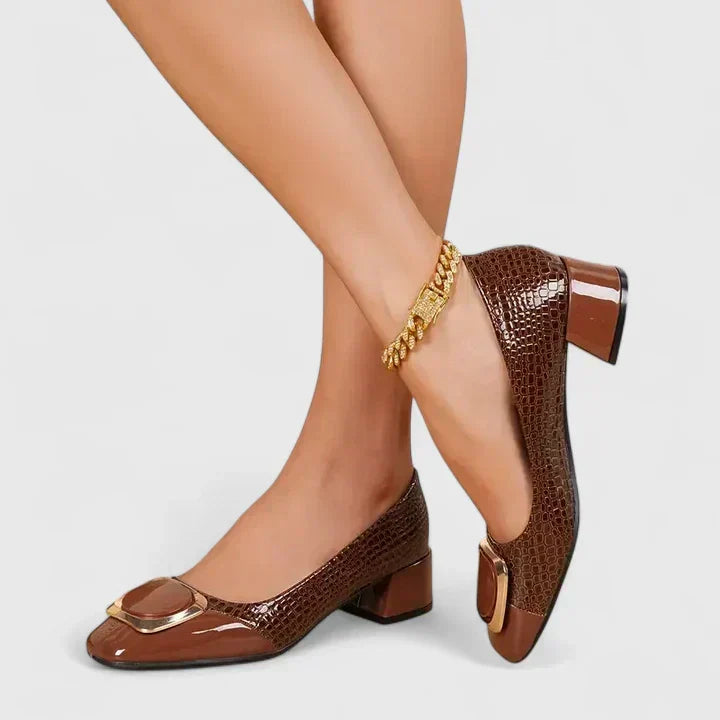 Closed Toe Block Heel Loafers for Women with Decorative Upper Detail