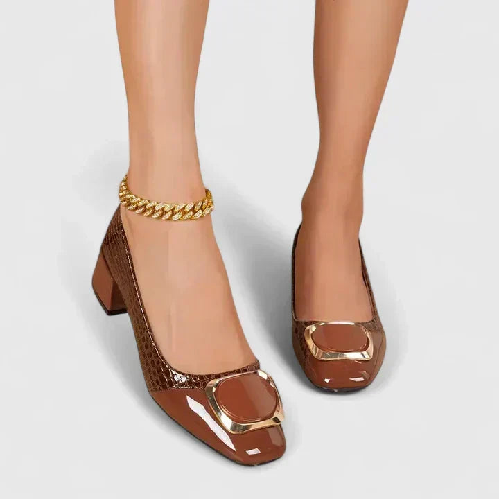 Closed Toe Block Heel Loafers for Women with Decorative Upper Detail
