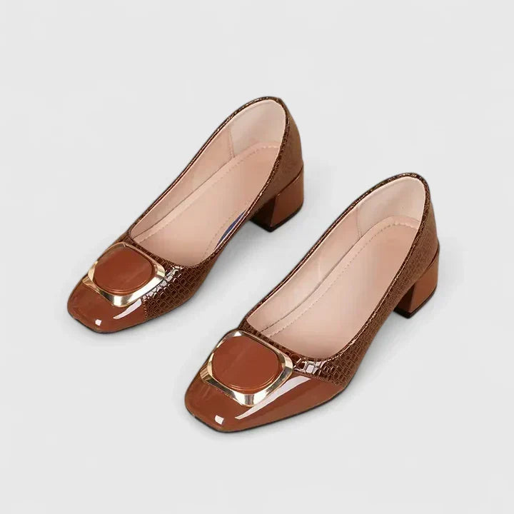 Closed Toe Block Heel Loafers for Women with Decorative Upper Detail
