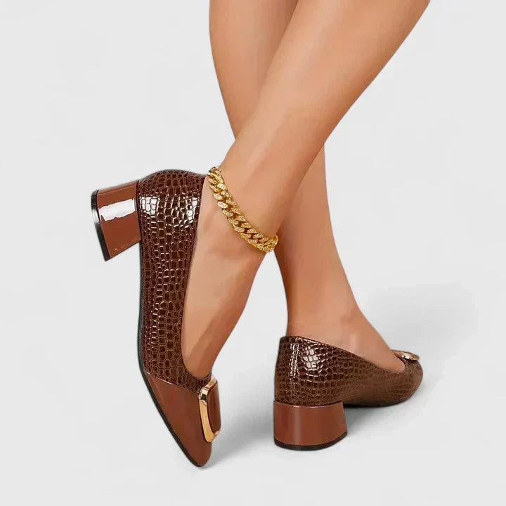Closed Toe Block Heel Loafers for Women with Decorative Upper Detail