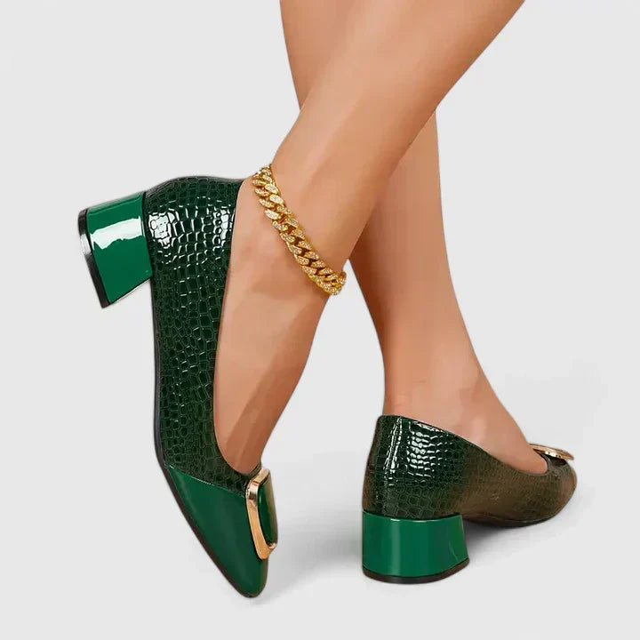 Closed Toe Block Heel Loafers for Women with Decorative Upper Detail