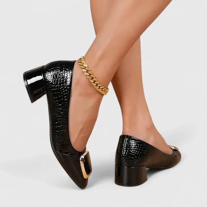 Closed Toe Block Heel Loafers for Women with Decorative Upper Detail