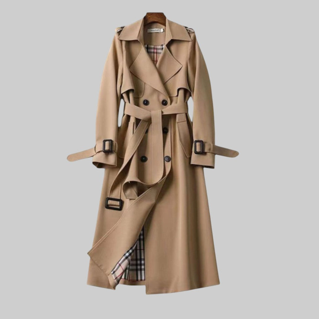 Belted Double Breasted Women's Trench Coat with Wide Lapel and Adjustable Cuffs