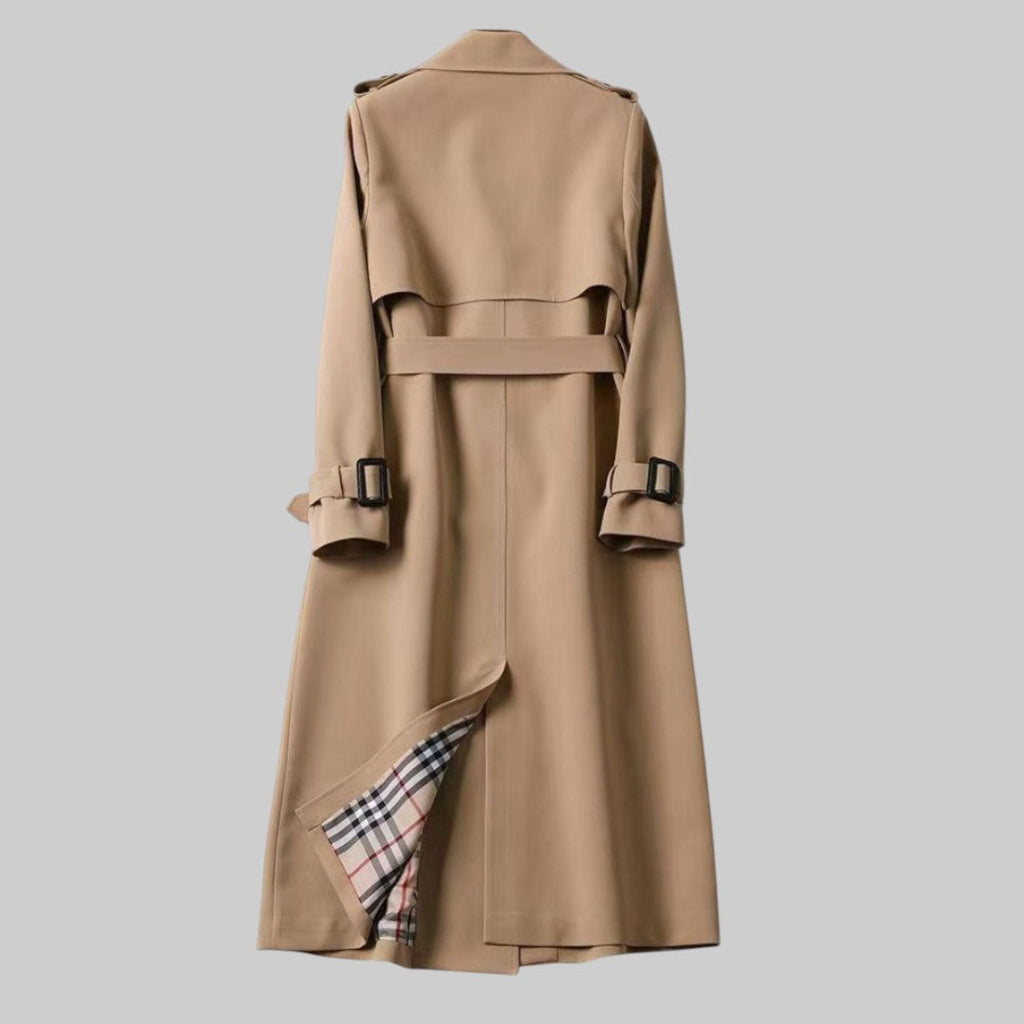 Belted Double Breasted Women's Trench Coat with Wide Lapel and Adjustable Cuffs