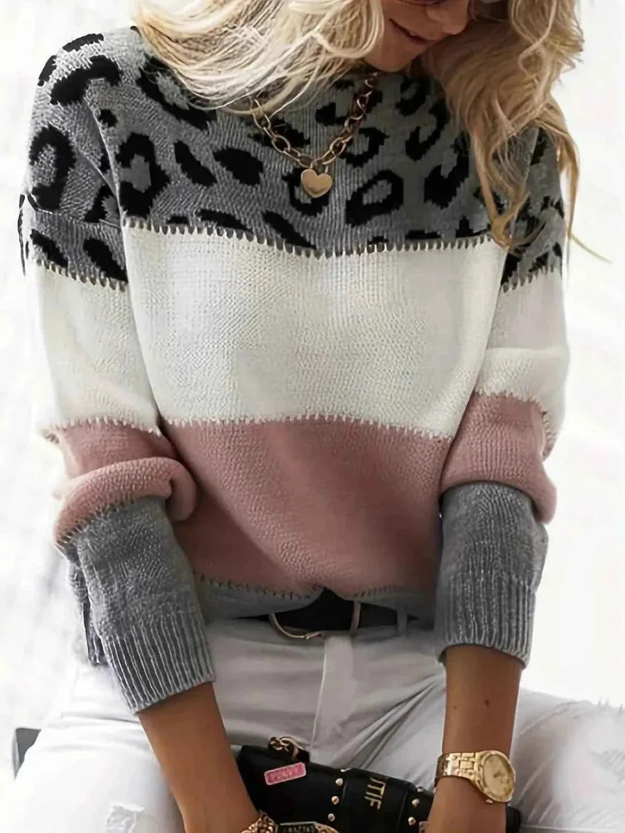 Leopard Print Color Block Women's Sweater in Autumn Colors