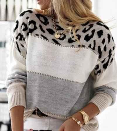 Leopard Print Color Block Women's Sweater in Autumn Colors