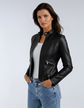 Short PU Leather Biker Jacket for Women with Zipper Pockets and Adjustable Hem
