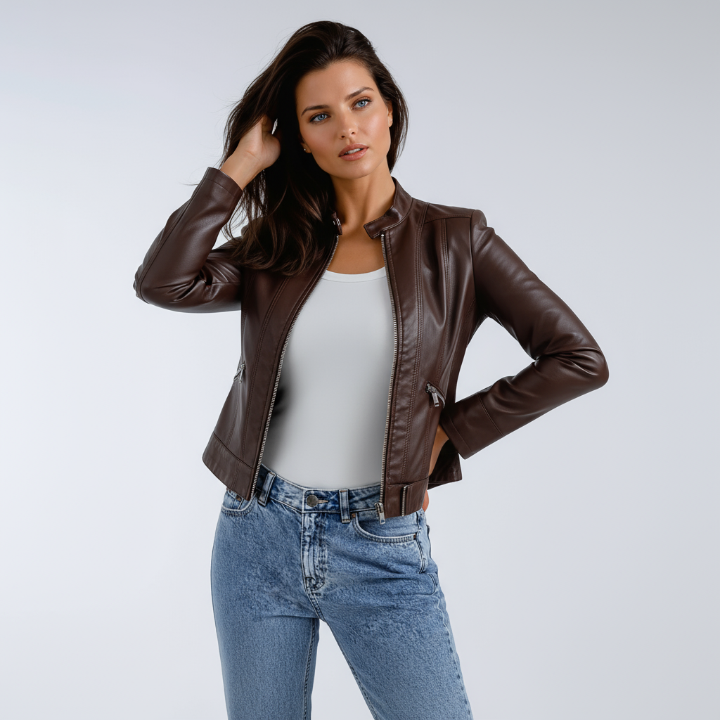 Short PU Leather Biker Jacket for Women with Zipper Pockets and Adjustable Hem