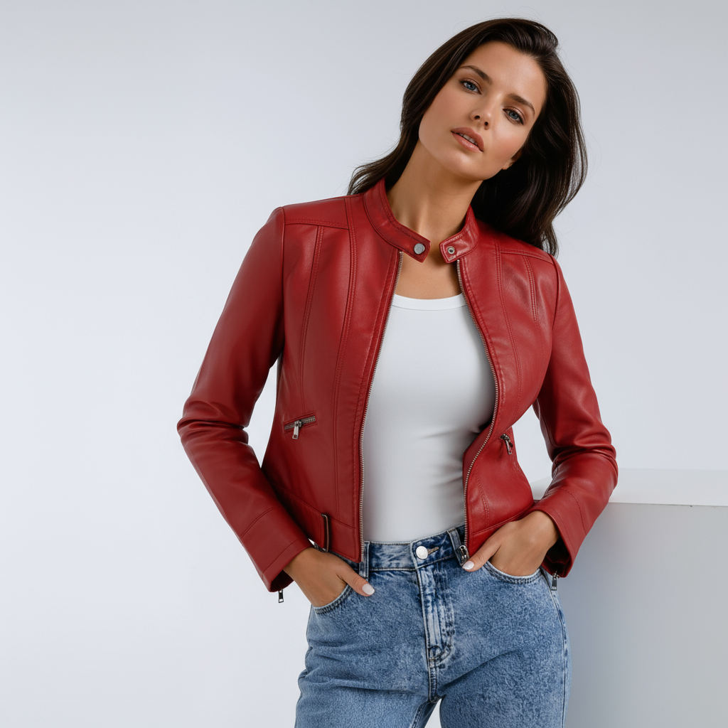 Short PU Leather Biker Jacket for Women with Zipper Pockets and Adjustable Hem