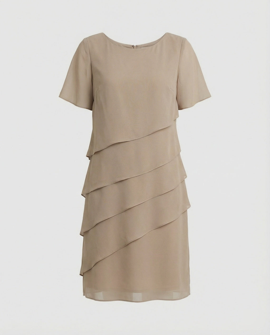 Chiffon Layered Women's Knee-Length Dress with Short Sleeves and Round Neckline