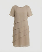 Chiffon Layered Women's Knee-Length Dress with Short Sleeves and Round Neckline