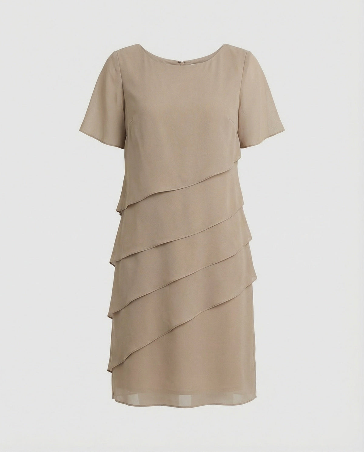 Chiffon Layered Women's Knee-Length Dress with Short Sleeves and Round Neckline