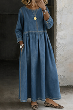 Denim Maxi Dress with Round Neck Long Sleeves and Side Pockets