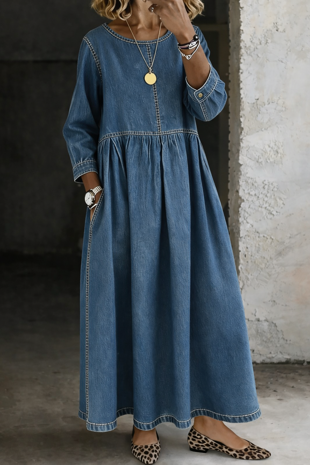 Denim Maxi Dress with Round Neck Long Sleeves and Side Pockets