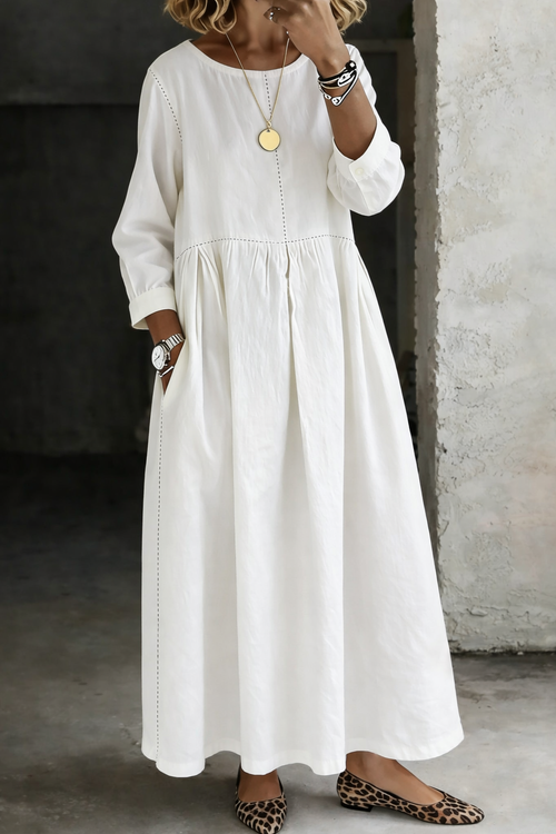 Denim Maxi Dress with Round Neck Long Sleeves and Side Pockets