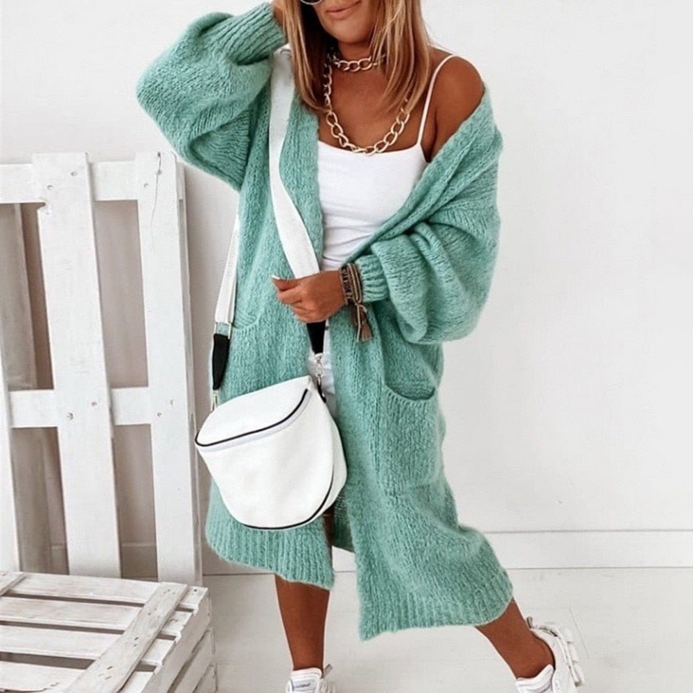 Women's Longline Oversized Cardigan with Balloon Sleeves for Everyday Layering