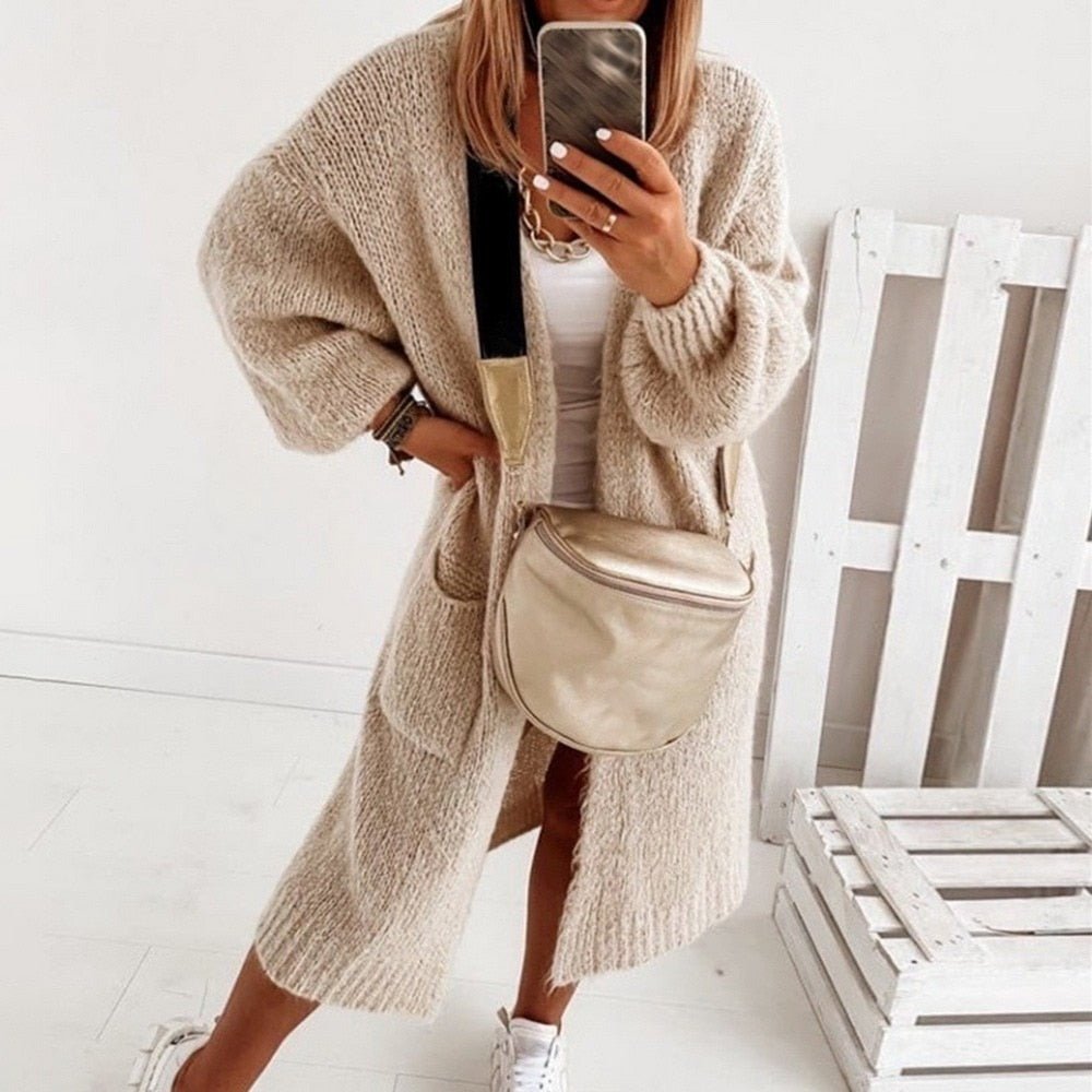 Women's Longline Oversized Cardigan with Balloon Sleeves for Everyday Layering