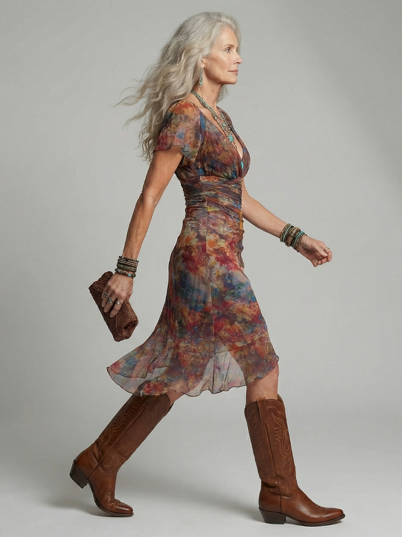 Abstract Print Midi Dress with Deep V-Neck and Flutter Sleeves