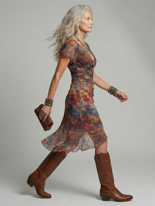 Abstract Print Midi Dress with Deep V-Neck and Flutter Sleeves
