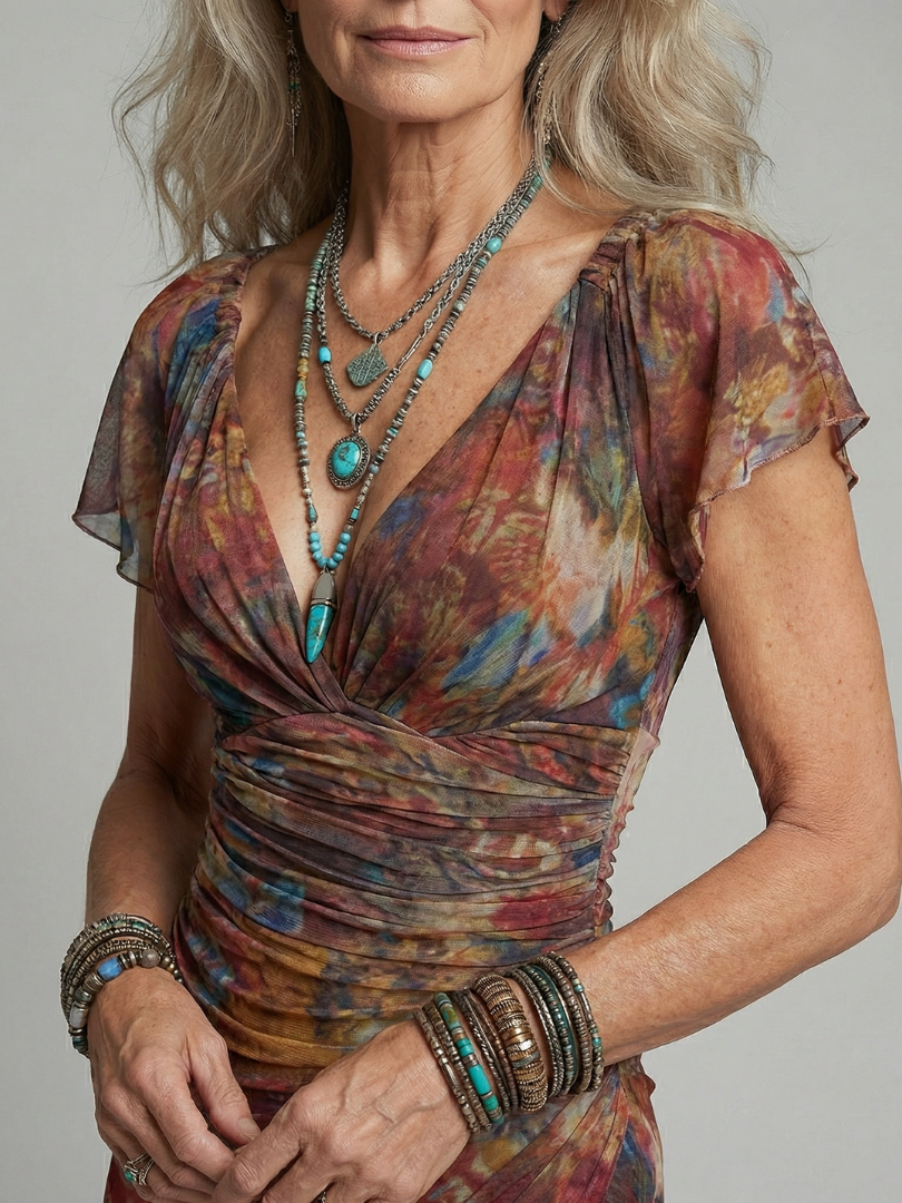 Abstract Print Midi Dress with Deep V-Neck and Flutter Sleeves