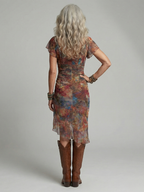 Abstract Print Midi Dress with Deep V-Neck and Flutter Sleeves