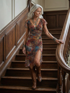 Abstract Print Midi Dress with Deep V-Neck and Flutter Sleeves