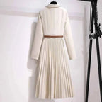 Elegant Tailored Midi Blazer Dress with Pleated Skirt and Belt