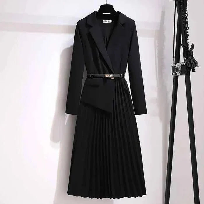 Elegant Tailored Midi Blazer Dress with Pleated Skirt and Belt
