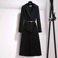 Elegant Tailored Midi Blazer Dress with Pleated Skirt and Belt