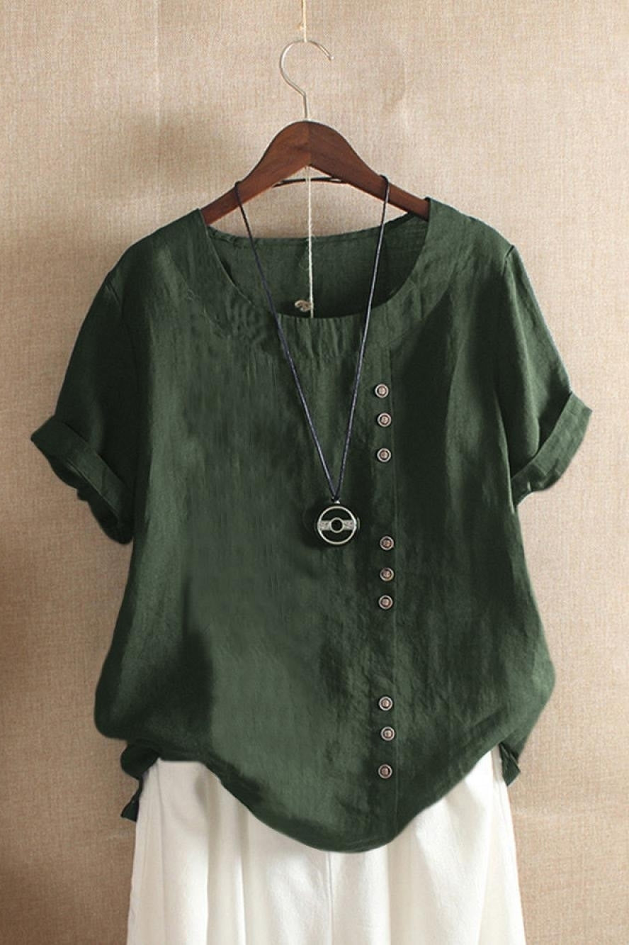 Asymmetric Button-Down Short Sleeve Blouse in Solid Color for Women