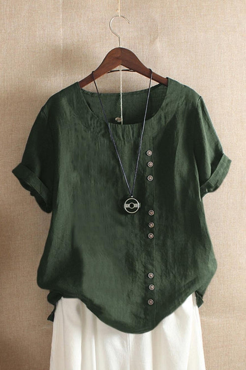 Asymmetric Button-Down Short Sleeve Blouse in Solid Color for Women