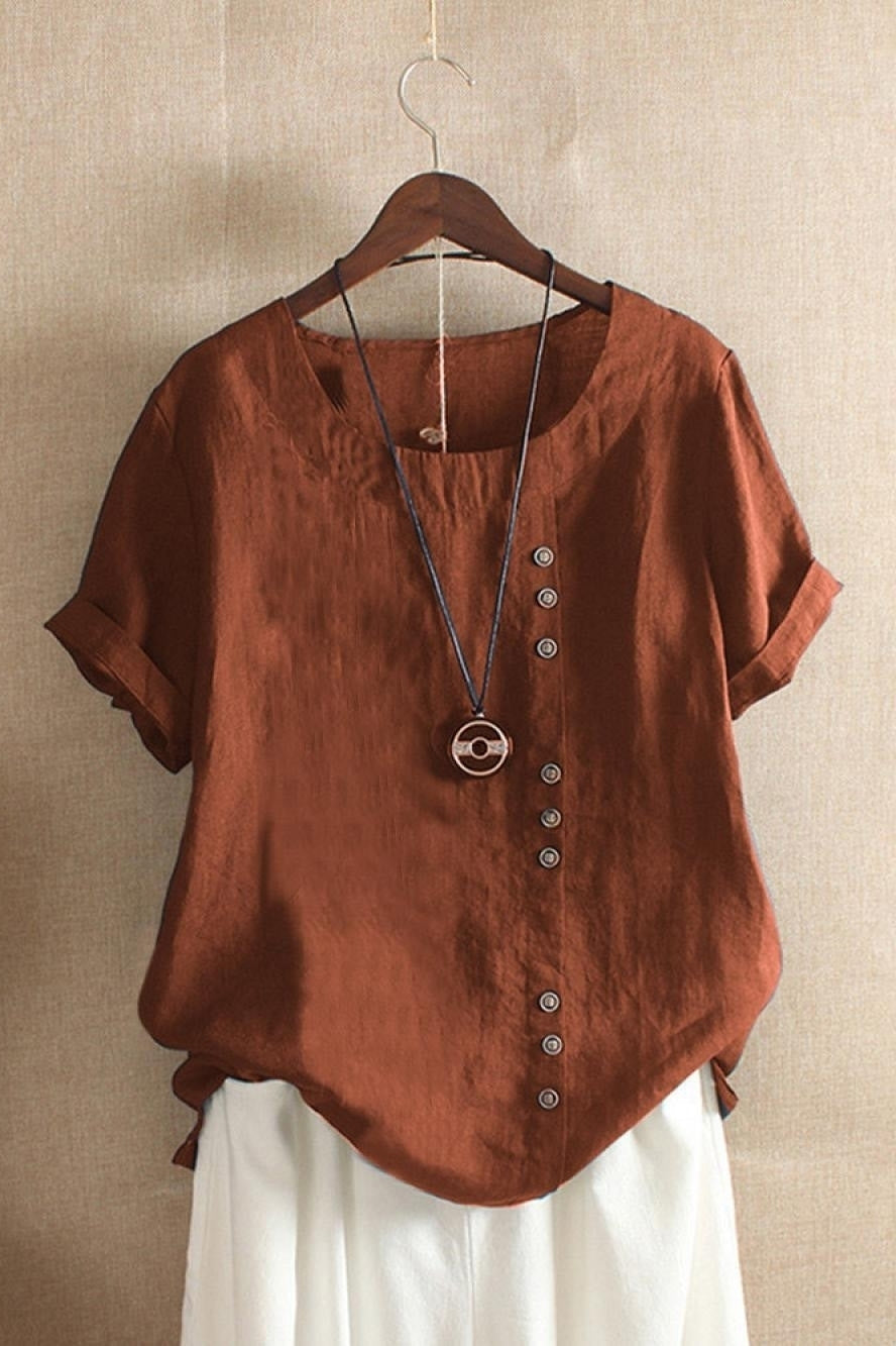 Asymmetric Button-Down Short Sleeve Blouse in Solid Color for Women