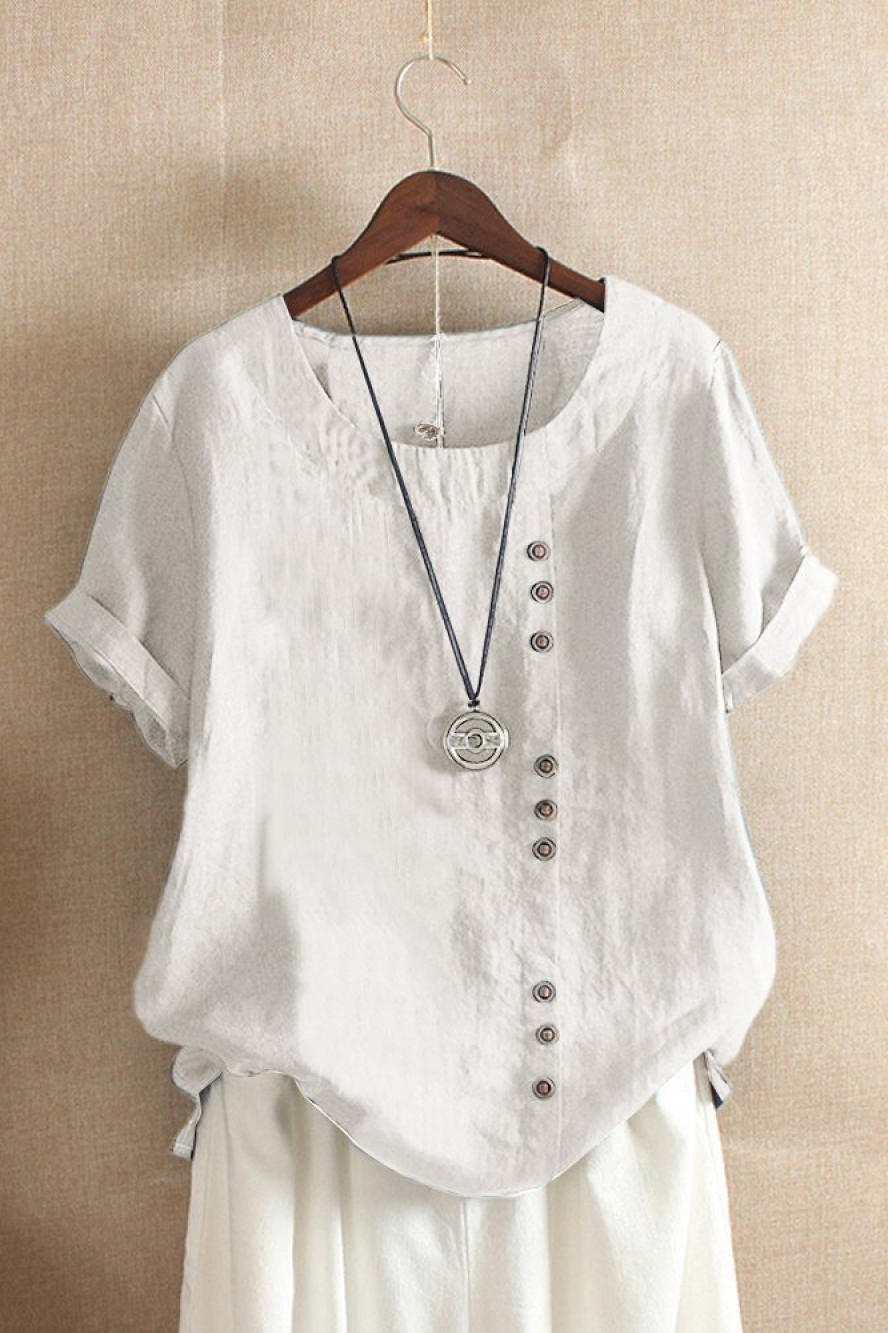Asymmetric Button-Down Short Sleeve Blouse in Solid Color for Women